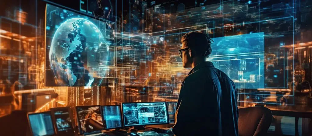 Profesional de TI frente a múltiples pantallas con visualizaciones digitales y gráficas tecnológicas en un entorno de ciberseguridad