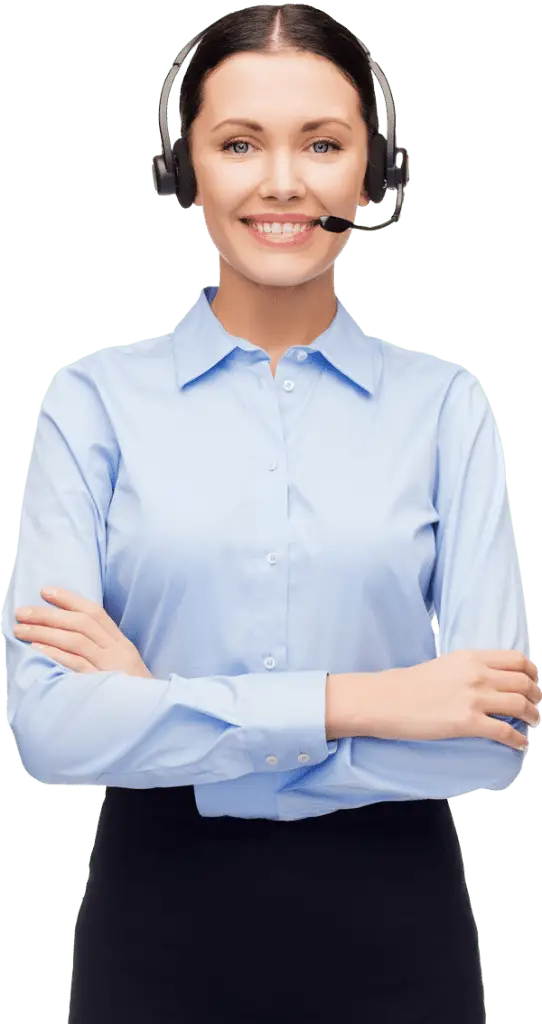 Agente de atención al cliente con auriculares y micrófono, sonriendo y con los brazos cruzados, lista para brindar soporte técnico o contacto con cinfex